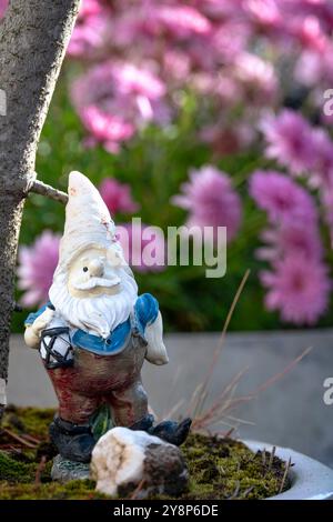 Piccolo gnomo da giardino appassito in un giardino balcone con fiori viola sullo sfondo. Foto Stock