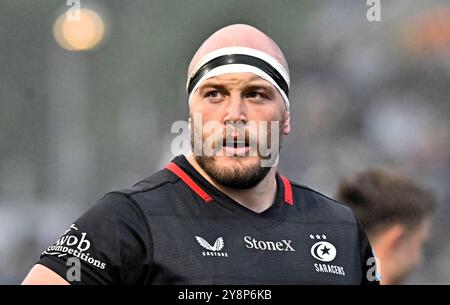 Hendon, Regno Unito. 6 ottobre 2024. Premiership Rugby. Saracens V Exeter Chiefs. Stadio Stonex. Hendon. Ollie Hoskins (Saracens) durante il Saracens V Exeter Chiefs Gallagher Premiership rugby match. Crediti: Sport in foto/Alamy Live News Foto Stock