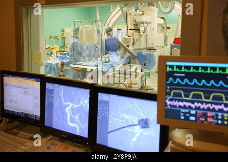 Embolizzazione di aneurisma cerebrale, angiografia Willis polygone, Neuroradiologia interventistica, reparto di radiologia, ospedale Donostia, San Sebastian, Donostia, Gipuzkoa, Paesi Baschi, Spagna. Foto Stock