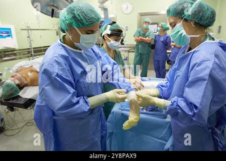 Tonsillectomia, chirurghi che eseguono un intervento di rimozione tonsillectomia, ORL, sala operatoria di Otolaringoiatria, ospedale Donostia, San Sebastian, Gipuzkoa, Paesi Baschi, Spagna. Foto Stock