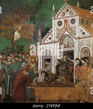 GIOTTO di Bondone (1267, Vespignano, 1337, Firenze) leggenda di San Francesco: 23. San Francesco pianto di Santa chiara 1300 affresco, Chiesa superiore 270 x 230 cm, San Francesco, Assisi è il ventitreesimo delle ventotto scene (venticinque delle quali dipinte da Giotto) della leggenda di San Francesco. La paternità di Giotto di alcune parti delle ultime scene è spesso messa in discussione, e nel caso di quelle dell'ultima baia (dopo il 25, solitamente attribuite al Maestro di Santa Cecilia) negata completamente. Nessuno può negare la grandezza di alcune parti degli affreschi nella seconda baia di Th Foto Stock