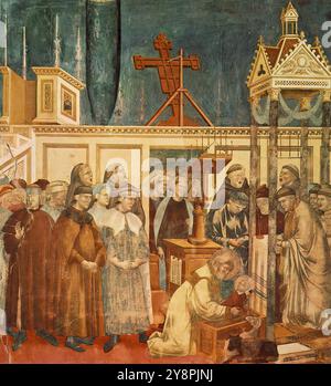 GIOTTO di Bondone (1267, Vespignano, 1337, Firenze) leggenda di San Francesco: 13. Istituzione del Presepe a Greccio 1297-1300 affresco, 270 x 230 cm Chiesa superiore, San Francesco, Assisi questa è la tredicesima delle ventotto scene (venticinque delle quali dipinte da Giotto) della leggenda di San Francesco. Per molti aspetti l'istituzione del presepe a Greccio è una delle scene più interessanti del ciclo. Si trova all'interno della chiesa, vista dal presbiterio, di fronte al transetto che divide il presbiterio dalla navata. Dato che alle donne non era permesso entrare nella pre Foto Stock