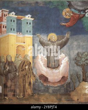 GIOTTO di Bondone (1267, Vespignano, 1337, Firenze) leggenda di San Francesco: 12. Ecstasy di San Francesco 1297-1300 affresco, 270 x 230 cm Chiesa superiore, San Francesco, Assisi questa è la dodicesima delle ventotto scene (venticinque delle quali dipinte da Giotto) della leggenda di San Francesco. Le cinque scene dalla visione del carro fiammeggiante a San Francesco in estasi (n. 8-12) sono caratterizzate da una lavorazione inferiore, soprattutto nelle figure, anche se contengono alcune invenzioni notevoli. Questa scena è stata eseguita in parte da assistenti. *** Parole chiave: ***** Foto Stock