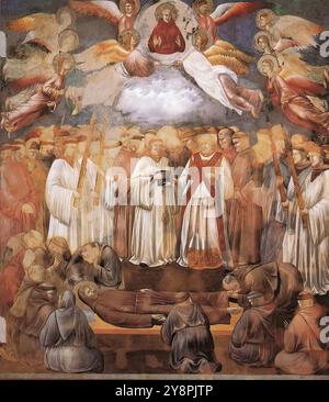 GIOTTO di Bondone (1267, Vespignano, 1337, Firenze) leggenda di San Francesco: 20. Morte e Ascensione di San Francesco 1300 affresco, 270 x 230 cm Chiesa superiore, San Francesco, Assisi questo è il ventesimo delle ventotto scene (venticinque delle quali dipinte da Giotto) della leggenda di San Francesco. La paternità di Giotto di alcune parti delle ultime scene è spesso messa in discussione, e nel caso di quelle dell'ultima baia (dopo il 25, solitamente attribuite al Maestro di Santa Cecilia) negata completamente. Il fatto che un'opera fosse autografa contava molto meno per il pubblico dei giorni di Giotto che non lo fosse Foto Stock