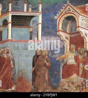 GIOTTO di Bondone (1267, Vespignano, 1337, Firenze) leggenda di San Francesco: 11. San Francesco prima del Sultano (processo con fuoco) 1297-1300 affresco, Chiesa superiore 270 x 230 cm, San Francesco, Assisi questa è l'undicesima delle ventotto scene (venticinque delle quali dipinte da Giotto) della leggenda di San Francesco. Le cinque scene dalla visione del carro fiammeggiante a San Francesco in estasi (n. 8-12) sono caratterizzate da una lavorazione inferiore, soprattutto nelle figure, anche se contengono alcune invenzioni notevoli. Questa scena è stata eseguita in parte da assistenti. Foto Stock