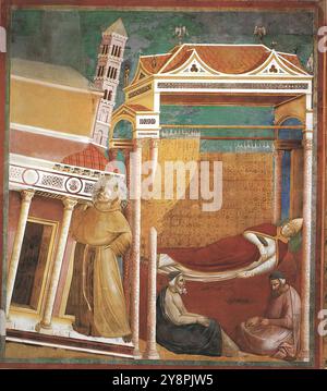 GIOTTO di Bondone (1267, Vespignano, 1337, Firenze) leggenda di San Francesco: 6. Sogno di Innocenzo III 1297-99 affresco, 270 x 230 cm Chiesa superiore, San Francesco, Assisi questa è la sesta delle ventotto scene (venticinque delle quali dipinte da Giotto) della leggenda di San Francesco. La composizione di questa scena è molto simile a quella del sogno del Palazzo (n. 3). Le camere nei due affreschi richiamano alla mente le scene di Isacco, anche se gli arredi e l'architettura sembrano essere più in linea con lo stile del tempo di Giotto. Il sogno è raffigurato molto letteralmente Foto Stock
