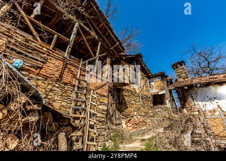 Case abbandonate e altri edifici, illuminati dalla luce del sole, vista sulla strada, villaggio di Pirin e montagna, Bulgaria Foto Stock