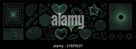 Elementi griglia Y2K. Forme grafiche retrò 3D. Ripetizione mesh. Sfera cyber line astratta. Il futuro cuore d'amore si inquadra. Sfondo superficie reticolo. Vortice verde neon. Stella geometrica. Set di moduli di progettazione vettoriale Illustrazione Vettoriale