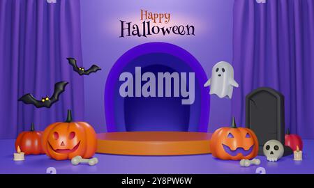 halloween in 3d. Saldi podio, zucca e simpatico fantasma, decorazioni per feste musicali, palco notturno nero. Lo spazio esegue il rendering degli elementi isolati. Banner Web per la progettazione della presentazione del prodotto. Sfondo vettoriale Illustrazione Vettoriale