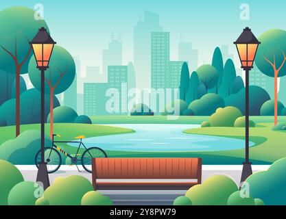 Parco cittadino. Giardino primaverile. Paesaggio naturale urbano. Gioco pubblico su Green Rose Street. Attività in uno scenario ricreativo. Alberi estivi e stagno. Panca con lanterne. Bici su strada. Sfondo vettoriale Illustrazione Vettoriale
