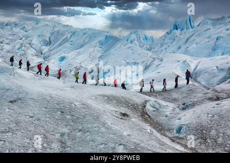 Mini trekking. Cammina sul ghiacciaio con ramponi. Ghiacciaio Perito Moreno. Parco nazionale Los Glaciares. Vicino a El Calafate. Provincia di Santa Cruz. Patagonia. Argentina. Foto Stock