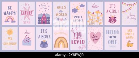 Poster per vivai. Biglietti di auguri per bambini boho. Belle stampe per bambini. Faccia animale. Semplice decor scandinavo o nordico. Arcobaleno e cuore d'amore. Cielo e sole. Dolce casa. Bandiere di compleanno. Set di banner vettoriali Illustrazione Vettoriale