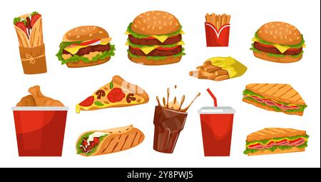 Fast food. Hamburger, pizza e sandwich. Gustoso burrito e pollo, hamburger e patate. Spuntini al ristorante, confezione da asporto. Dolci bevande fredde. Illustrazione delle icone isolate in stile piatto dei cartoni animati vettoriali Illustrazione Vettoriale