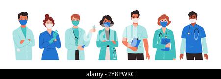 Medico in maschera. Infermiera medica con stetoscopio, personaggi sanitari in piedi, donne e uomini eroe in ospedale. Personale sanitario. Illustrazione del lavoro di squadra isolata in stile cartoni animati vettoriali Illustrazione Vettoriale