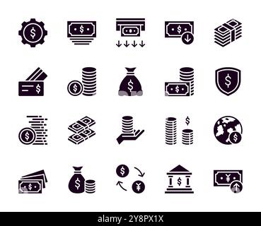 Icone cash. Monete da un dollaro. Pagamento bancario. Segni di risparmio di portafoglio e banconote. Stack di valute. Bancomat a pagamento. Carta di credito. Scambio commerciale. Borsa finanziaria con silhouette nera. Set di simboli finanziari vettoriali Illustrazione Vettoriale