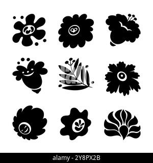 Icone di ibisco. Fiori tropicali. Foglie di piante delle Hawaii. Silhouette in bianco e nero. Motivo botanico hawaiano. Petali Blossom. Bouquet esotico astratto. Fioritura della giungla. Set di elementi floreali vettoriali Illustrazione Vettoriale