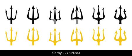 Icona vettoriale Trident impostata in nero e giallo. Set di tridente nero e giallo su sfondo bianco. Tridente di Nettuno. Elemento di progettazione per il logotipo. Illustrazione Vettoriale