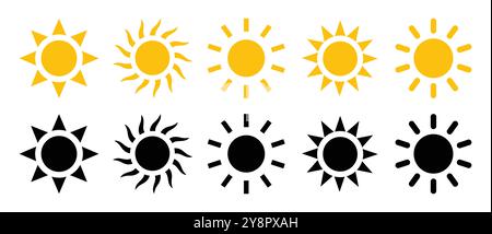 Icone del sole. Icona vettoriale solare impostata in giallo e nero isolato. Collezione di icone del sole in nero e giallo. Icona solare estiva isolata. Illustrazione Vettoriale