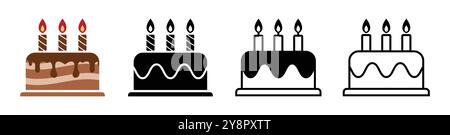 Simbolo dell'icona della torta di compleanno. Set di icone vettoriali per torte di compleanno. Illustrazione vettoriale isolata su sfondo bianco. Torta natalizia con candele. Icone torta. Illustrazione Vettoriale