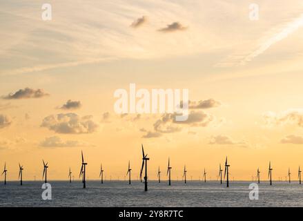 Turbine eoliche che fanno parte di un parco eolico offshore nel Mare del Nord al largo delle coste dei Paesi Bassi Foto Stock