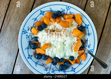 Un pasto semplice ma delizioso nelle calde giornate estive: Budino caldo di riso con cannella, guarnito con frutta fresca come albicocche, mirtilli o appena sfornati Foto Stock