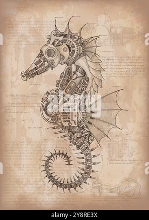 Cavallino marino con corpo in metallo sul controllo meccanico in stile steampunk. Poster vecchio su sfondo beige Illustrazione Vettoriale