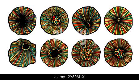 Set di elementi grafici rotondi. Fiori rotondi grafici. Schiusa. disegno a mano. Non IA. Illustrazione vettoriale Illustrazione Vettoriale