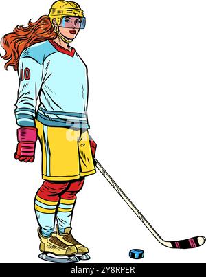 Donna sportiva che gioca a hockey su ghiaccio. Competizioni sportive e campioni in inverno. Vendita di attrezzature per Capodanno e Natale per pattinaggio su ghiaccio. Illustrazione Vettoriale