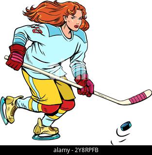Donna sportiva che gioca a hockey su ghiaccio. Competizioni sportive e campioni in inverno. Vendita di attrezzature per Capodanno e Natale per pattinaggio su ghiaccio. Illustrazione Vettoriale