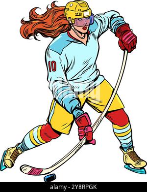 Donna sportiva che gioca a hockey su ghiaccio. Competizioni sportive e campioni in inverno. Vendita di attrezzature per Capodanno e Natale per pattinaggio su ghiaccio. Illustrazione Vettoriale