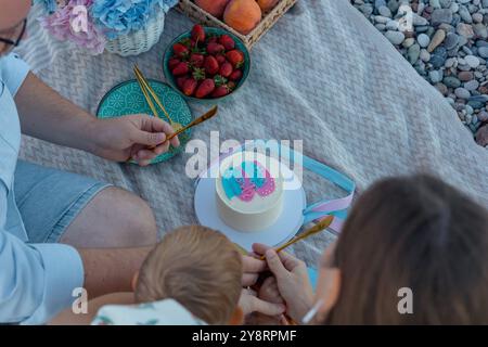 Festeggiamo il compleanno dei bambini con una torta e la famiglia a un picnic sul fiume al sole del pomeriggio Foto Stock