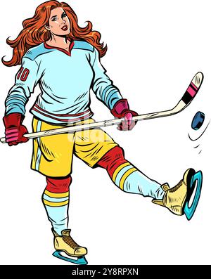 Donna sportiva che gioca a hockey su ghiaccio. Competizioni sportive e campioni in inverno. Vendita di attrezzature per Capodanno e Natale per pattinaggio su ghiaccio. Illustrazione Vettoriale