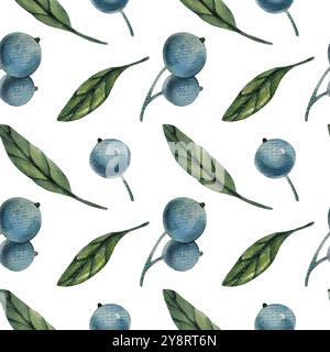 Motivo senza cuciture con rami di mirtilli acquerelli, illustrazione botanica con foglie e frutti di bosco verdi. Ideale per design naturali, organici Foto Stock