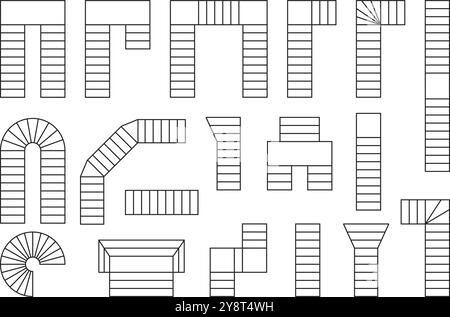 Set di icone delle scale per la planimetria. Simboli delle scale per il progetto di interior design. Elementi delle scale per un progetto architettonico isolato su bianco Illustrazione Vettoriale