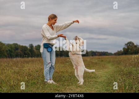 Un gioioso legame condiviso tra una donna felice e il suo cane in un bellissimo campo aperto Foto Stock