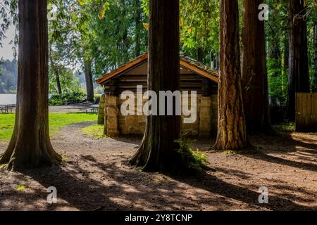 Bagni e servizi igienici in stile rustico costruiti dal Civilian Conservation Corps nel 1935 nel Millersylvania State Park, Washington State, USA Foto Stock