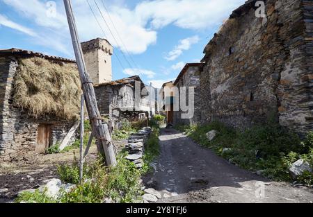 L'escursione di quattro giorni da Mestia a Ushguli è la più popolare escursione a lunga distanza della Georgia. La zona è anche piena di affascinanti torri Svan che non puoi immaginare Foto Stock