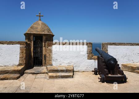 Fortezza storica con cannone e vista mare sotto un cielo blu, Baluarte y Murallas de San Carlos, Cadice, Cadice, Andalusia, Spagna, Europa Foto Stock