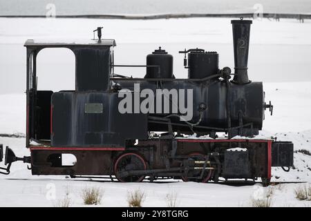 Ferrovia mineraria storica nel paesaggio invernale, Kongsfjord, NY-Alesund, Spitsbergen Island, Svalbard e arcipelago Jan Mayen, Norvegia, Europa Foto Stock