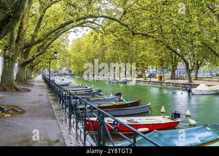 Barche sul lungomare della città di Annecy, dipartimento alta Savoia, regione Alvernia-Rodano-Alpi, Francia, Europa Foto Stock