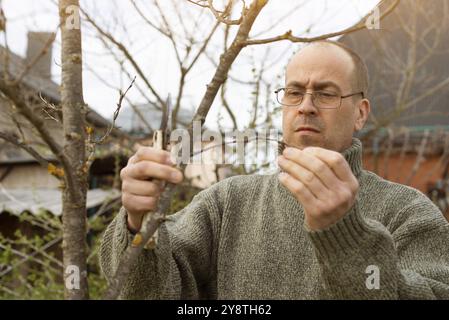 Il giardiniere caucasico di mezza età che pota gli alberi al tempo di primavera del cortile posteriore Foto Stock