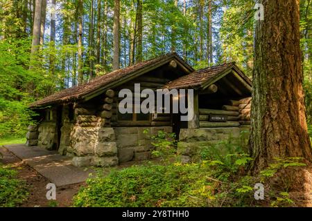 Bagno in stile rustico costruito dal Civilian Conservation Corps nel 1935 nel Millersylvania State Park, Washington State, USA Foto Stock