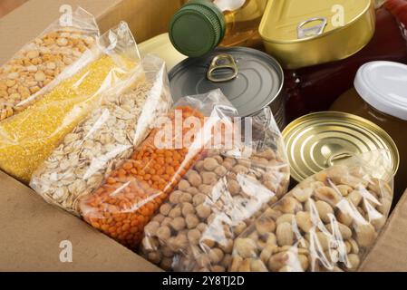 Set di sopravvivenza di alimenti non deperibili in scatola di cartone Foto Stock