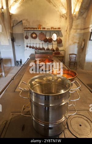 Cucina nel castello di le Lude, Sarthe, Pays de la Loire, Francia, Europa Foto Stock