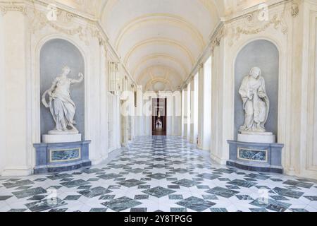 Venaria reale, Italia, 16 luglio 2023: Prospettiva galleria di lusso, marmo decorativo, interno, nessuno, Palazzo reale. Destinazione di viaggio in Italia, Europa Foto Stock