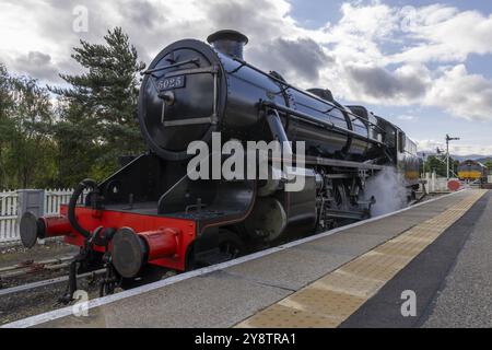 Strathspey Railway storico treno a vapore, Aviemore, an Aghaidh Mhor, Highlands, Scozia, gran Bretagna Foto Stock