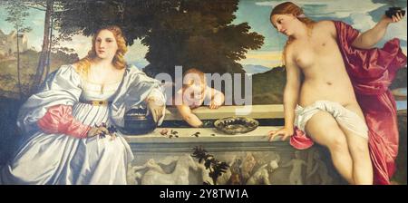 Roma, Italia, 28 dicembre 2023: Galleria Borghese, amore sacro e profano, Amor sacro e amor profano, di Tiziano, 1514 circa, Europa Foto Stock