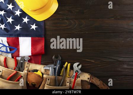 Attrezzi hardHat toolbelt e noi bandiera su sfondo di legno banner del giorno di lavoro mockup Foto Stock