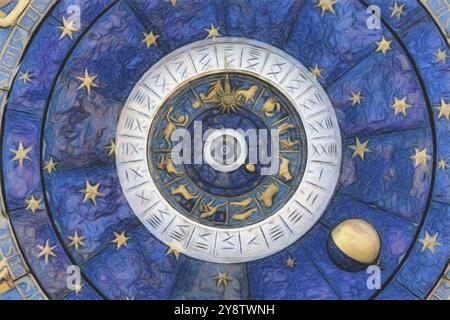 Sfondo zodiaco astrologico. Illustrazioni vintage, design grunge. Concetto di destino, fortuna, esoterico, magico, misterioso Foto Stock