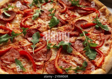 Pizza con peperoni e pomodori in primo piano vista dettagliata del cibo piatto sullo sfondo piatto Foto Stock